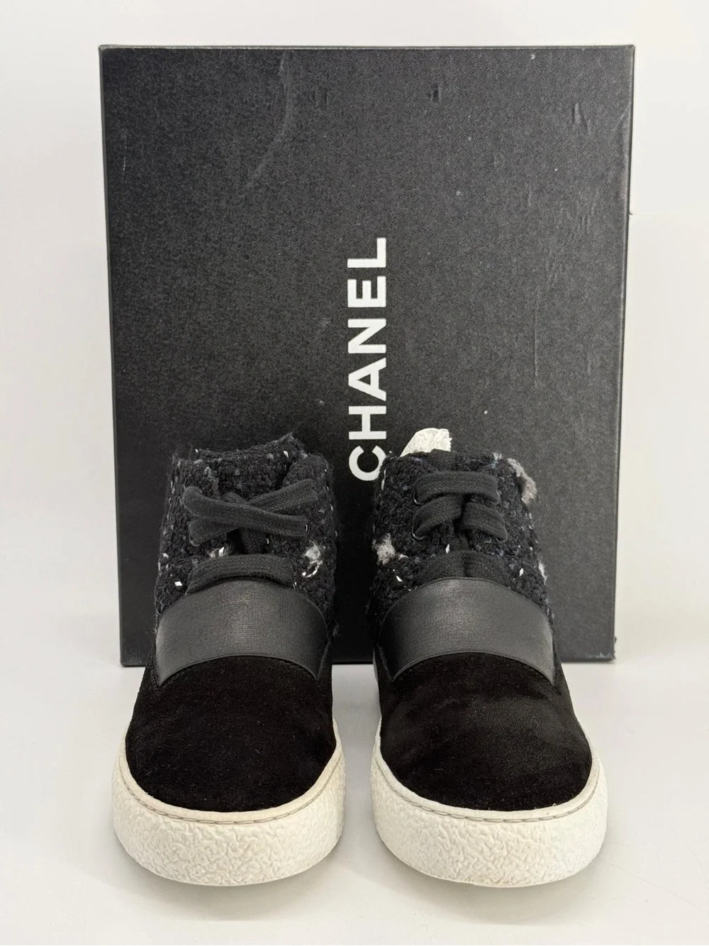 Chanel Black Suede Tweed Mid Top Lace-Up Sneakers Size 6.5